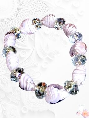 Pink Glass Heart Bead Bracelet Crystal Stretch Romantic Statement 6.5–7”